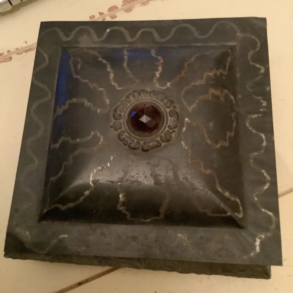 Vintage Antique Square Metal Decorated Jewelry Trinket Box